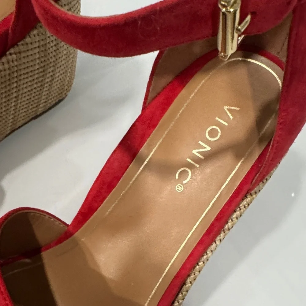 Vionic Red Suede Ankle-Strap Wedge Sandals - Picture 3 of 8
